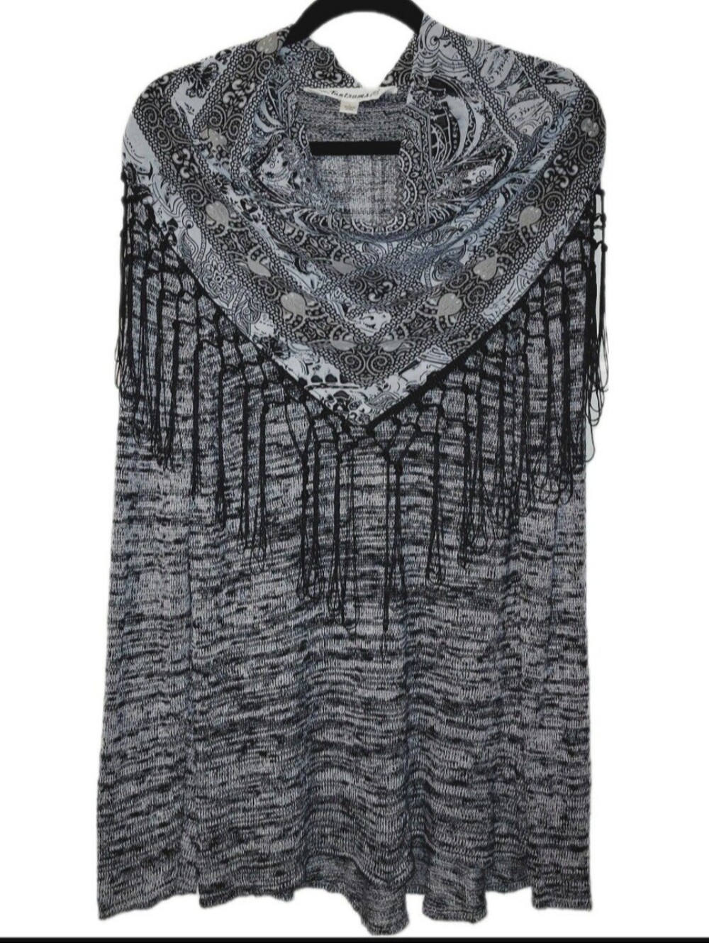 Tantrums Longsleeve Marled Yarn Sweater Removable Fringe Scarf Sz Large Women's
